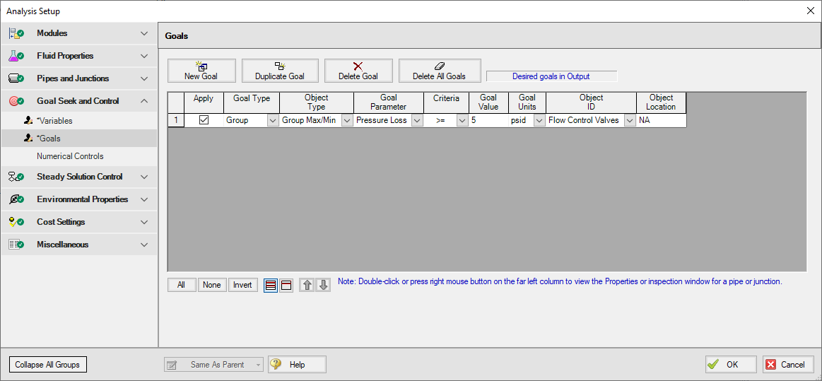 The Goals tab of the Goal Seek and Control Manager window with one goal defined.